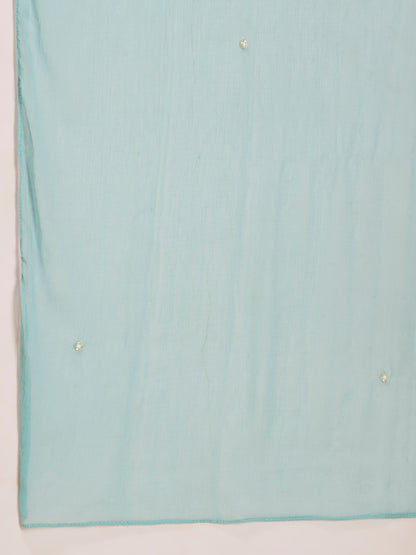 Solid Floral Hand Embroidered Straight Kurta with Palazzo & Dupatta - Blue