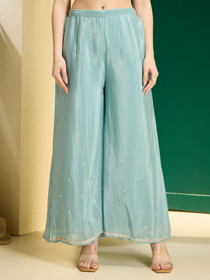 Solid Floral Hand Embroidered Straight Kurta with Palazzo & Dupatta - Blue