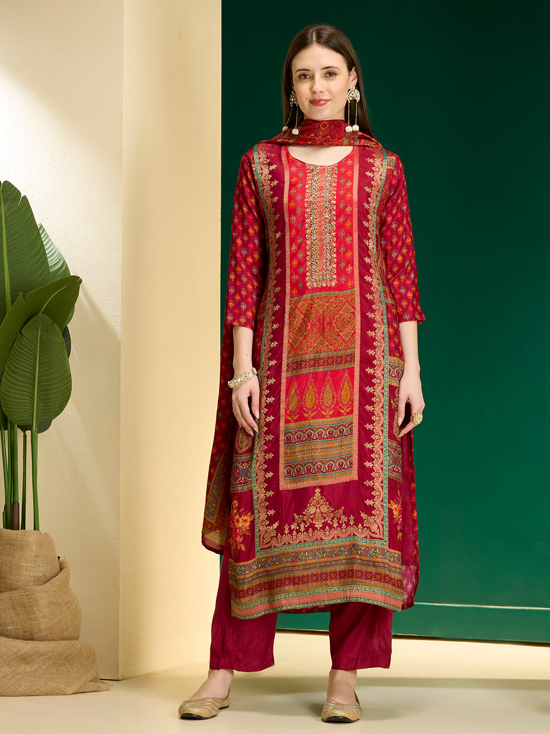 Ethnic Floral Printed & Embroidered Straight & Kurta with Pant and Dupatta - Maroon