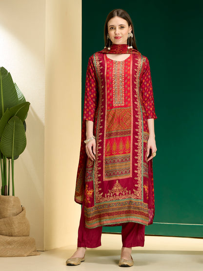 Ethnic Floral Printed & Embroidered Straight & Kurta with Pant and Dupatta - Maroon