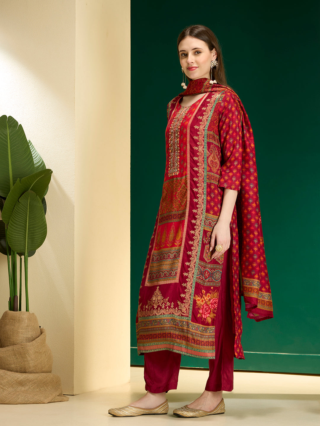 Ethnic Floral Printed & Embroidered Straight & Kurta with Pant and Dupatta - Maroon