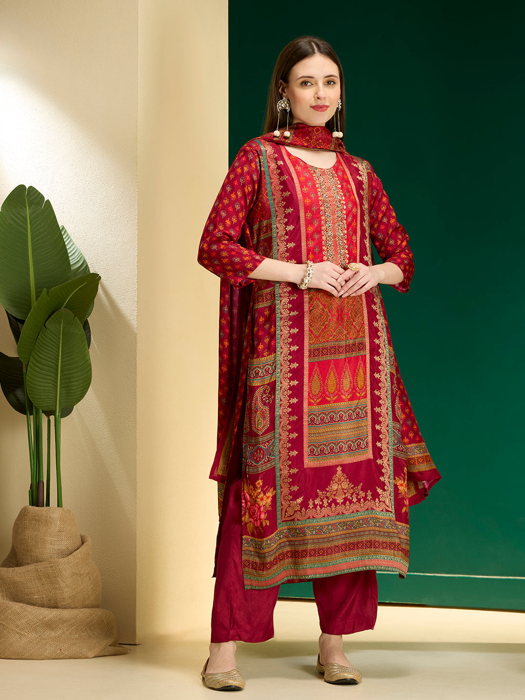 Ethnic Floral Printed & Embroidered Straight & Kurta with Pant and Dupatta - Maroon