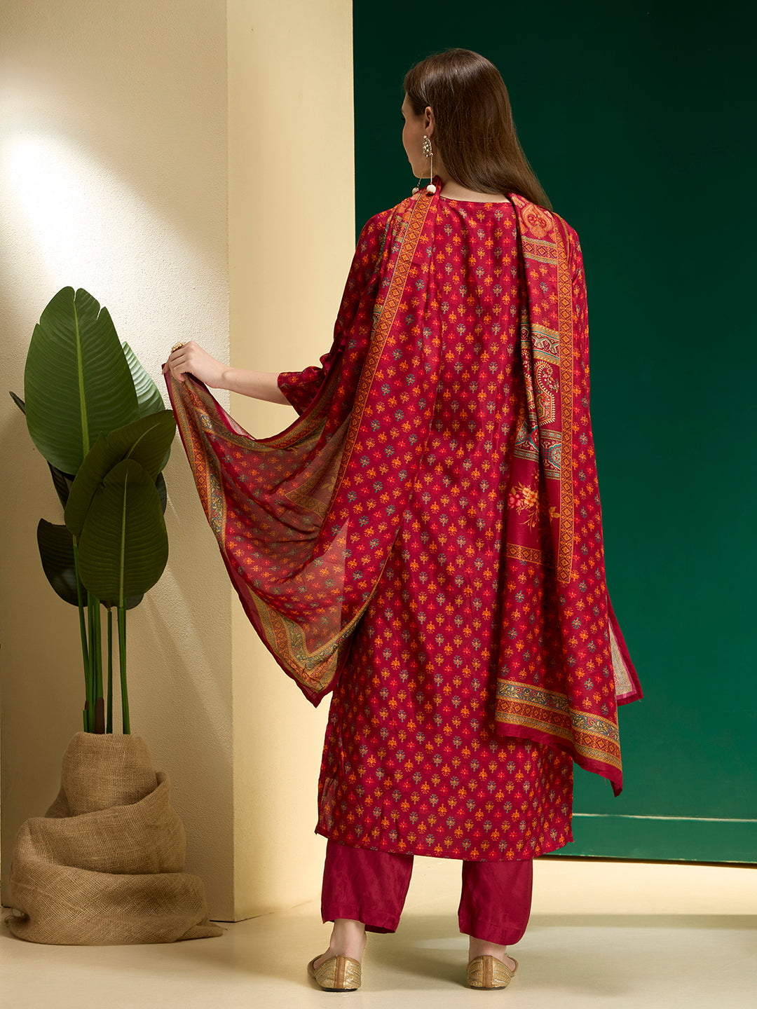 Ethnic Floral Printed & Embroidered Straight & Kurta with Pant and Dupatta - Maroon