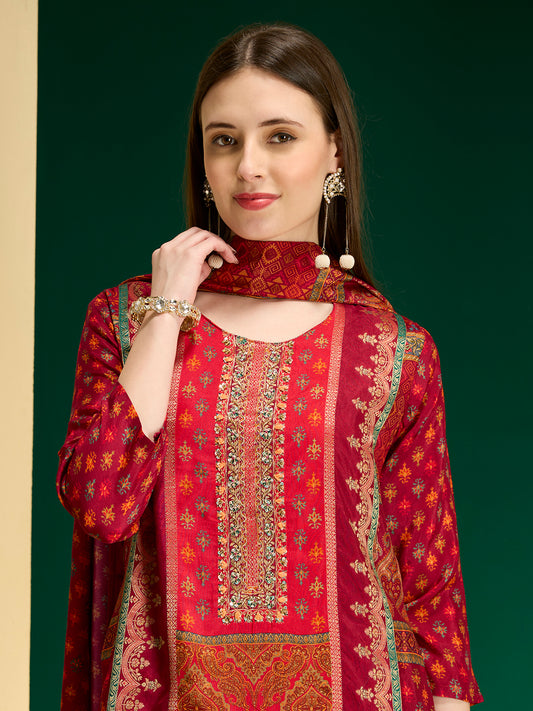Ethnic Floral Printed & Embroidered Straight & Kurta with Pant and Dupatta - Maroon
