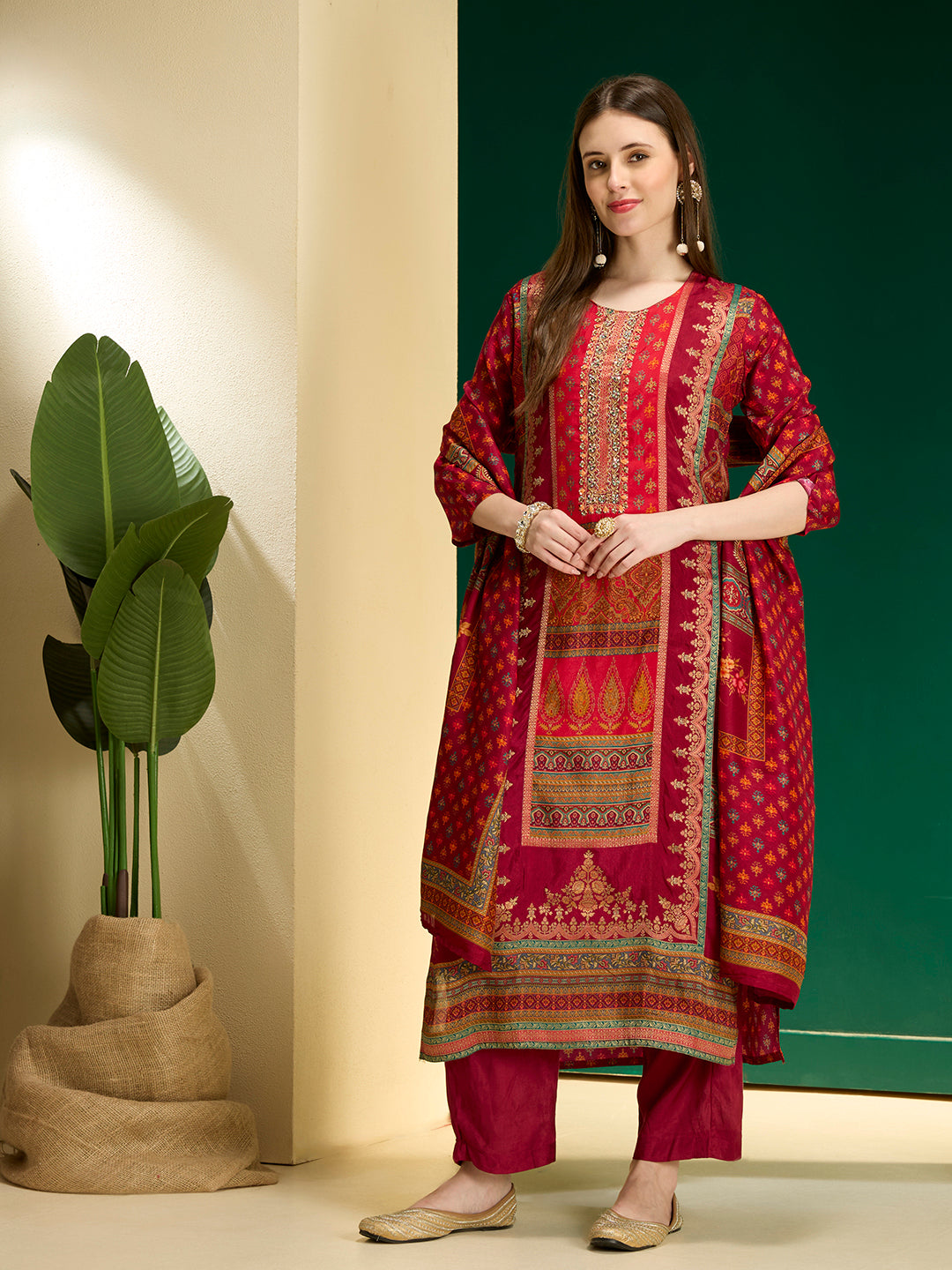 Ethnic Floral Printed & Embroidered Straight & Kurta with Pant and Dupatta - Maroon