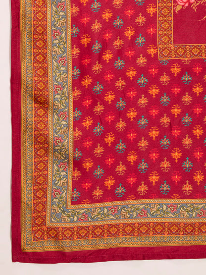 Ethnic Floral Printed & Embroidered Straight & Kurta with Pant and Dupatta - Maroon