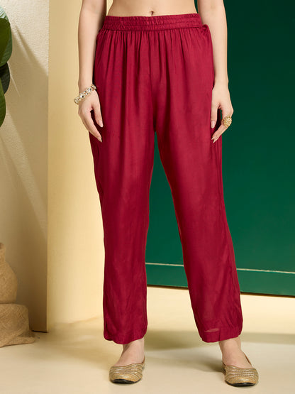 Ethnic Floral Printed & Embroidered Straight & Kurta with Pant and Dupatta - Maroon
