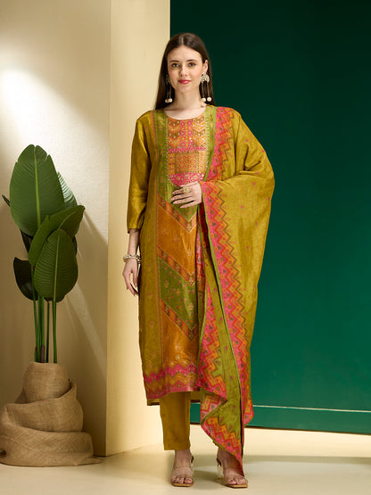 Ethnic Floral Printed & Embroidered Straight Fit Kurta with Pant and Dupatta - Lime Green