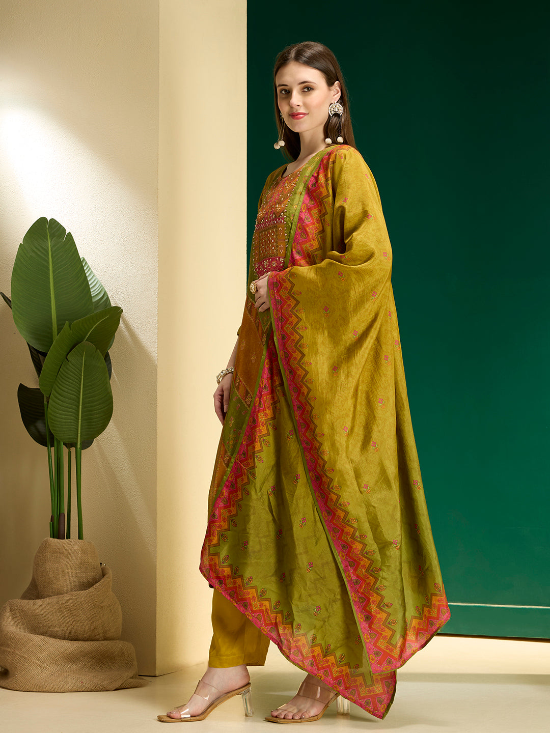 Ethnic Floral Printed & Embroidered Straight Fit Kurta with Pant and Dupatta - Lime Green