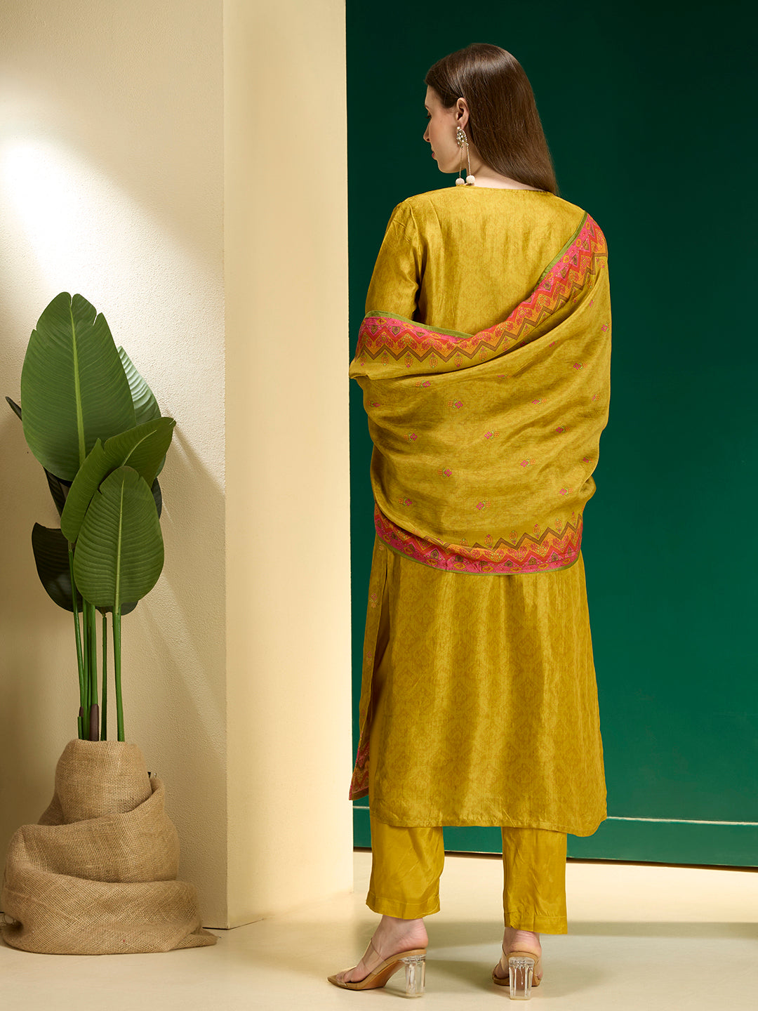 Ethnic Floral Printed & Embroidered Straight Fit Kurta with Pant and Dupatta - Lime Green
