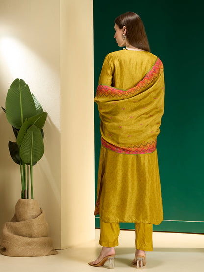 Ethnic Floral Printed & Embroidered Straight Fit Kurta with Pant and Dupatta - Lime Green