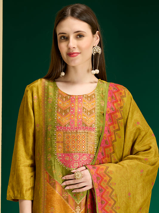 Ethnic Floral Printed & Embroidered Straight Fit Kurta with Pant and Dupatta - Lime Green