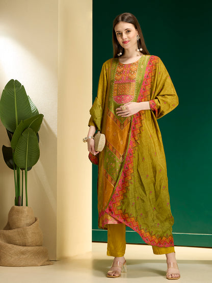 Ethnic Floral Printed & Embroidered Straight Fit Kurta with Pant and Dupatta - Lime Green