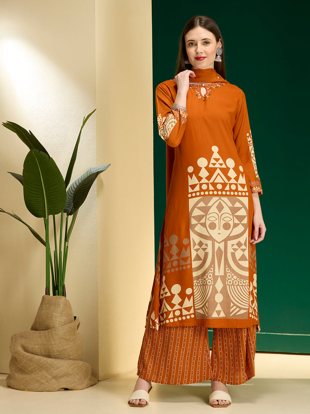 Geometric Printed & Embroidered A-Line Kurta with Palazzo & Dupatta - Rust