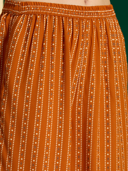 Geometric Printed & Embroidered A-Line Kurta with Palazzo & Dupatta - Rust
