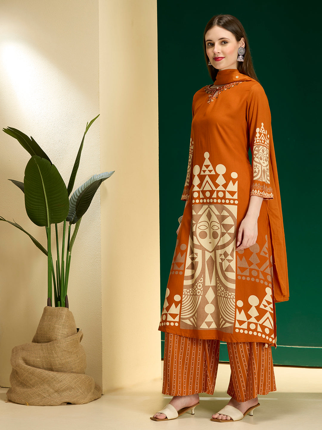 Geometric Printed & Embroidered A-Line Kurta with Palazzo & Dupatta - Rust