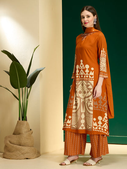 Geometric Printed & Embroidered A-Line Kurta with Palazzo & Dupatta - Rust
