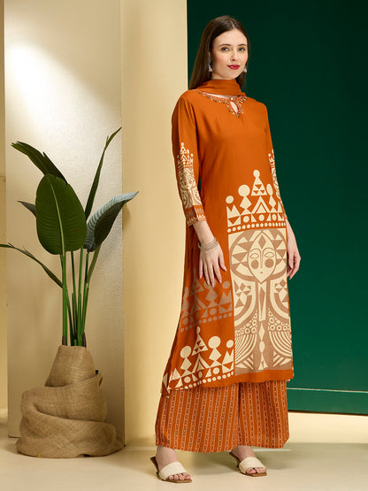 Geometric Printed & Embroidered A-Line Kurta with Palazzo & Dupatta - Rust