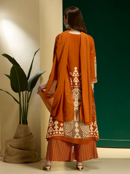 Geometric Printed & Embroidered A-Line Kurta with Palazzo & Dupatta - Rust