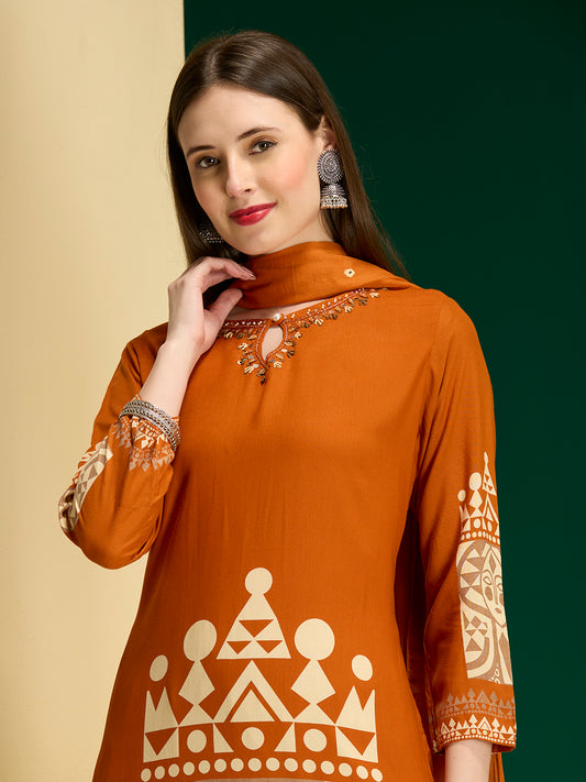 Geometric Printed & Embroidered A-Line Kurta with Palazzo & Dupatta - Rust