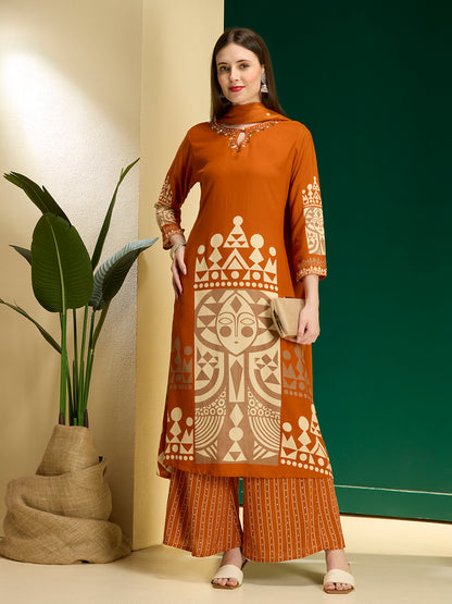 Geometric Printed & Embroidered A-Line Kurta with Palazzo & Dupatta - Rust