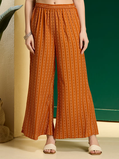 Geometric Printed & Embroidered A-Line Kurta with Palazzo & Dupatta - Rust