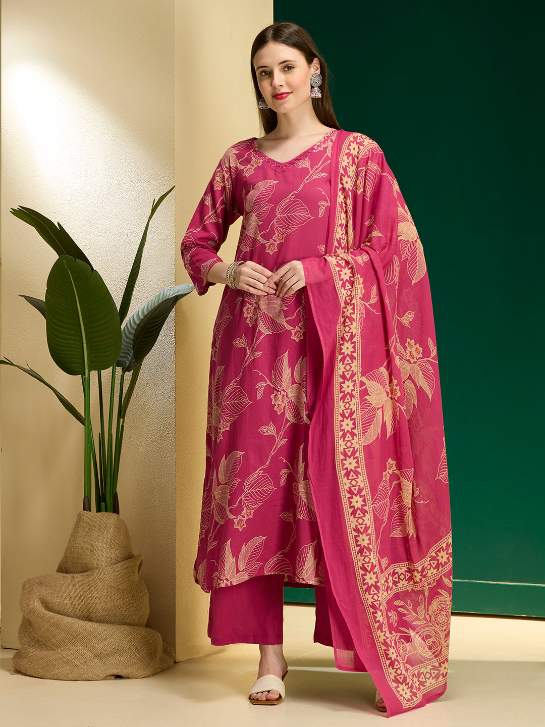 Floral Printed A-Line Kurta with Palazzo & Dupatta - Rani