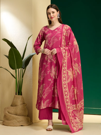 Floral Printed A-Line Kurta with Palazzo & Dupatta - Rani