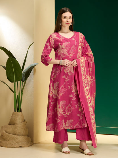 Floral Printed A-Line Kurta with Palazzo & Dupatta - Rani