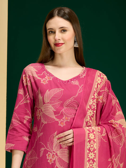 Floral Printed A-Line Kurta with Palazzo & Dupatta - Rani