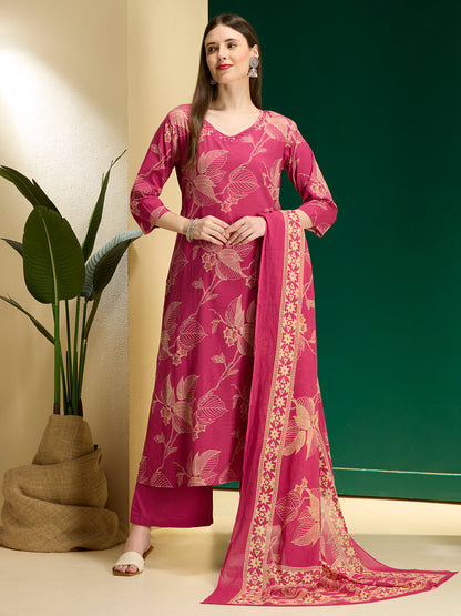Floral Printed A-Line Kurta with Palazzo & Dupatta - Rani