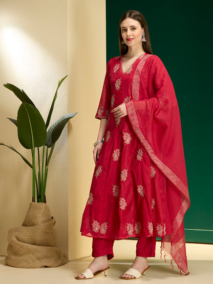 Solid Paisley Embroidered Anarkali with Pant & Dupatta - Rani