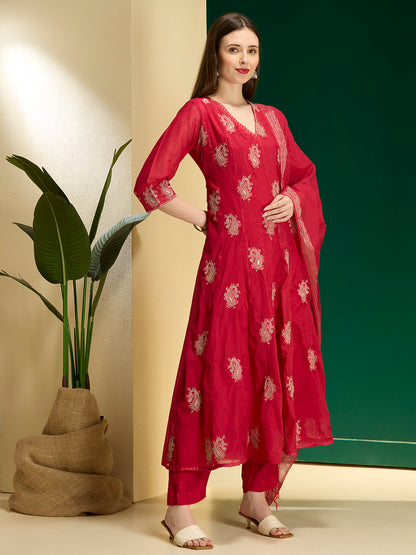 Solid Paisley Embroidered Anarkali with Pant & Dupatta - Rani