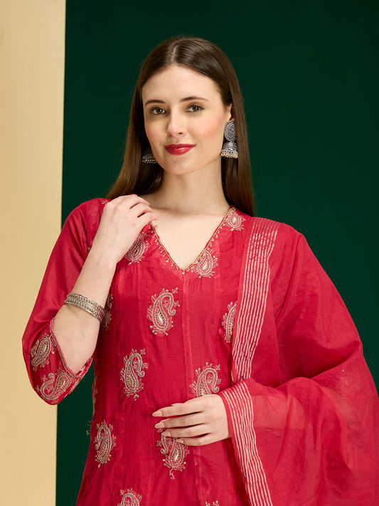 Solid Paisley Embroidered Anarkali with Pant & Dupatta - Rani