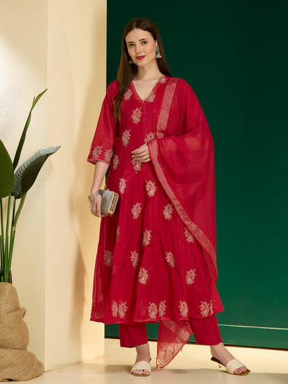 Solid Paisley Embroidered Anarkali with Pant & Dupatta - Rani