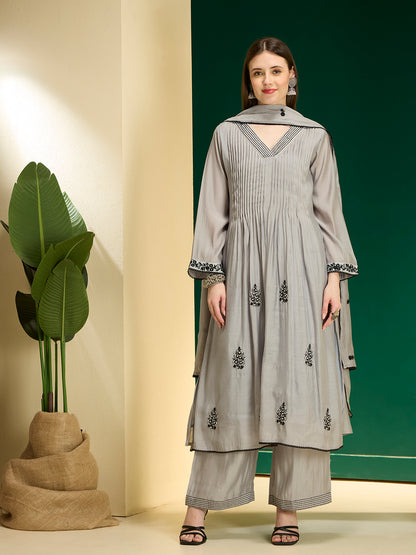 Floral Embroidered A-Line Pleated Kurta with Palazzo & Dupatta - Grey