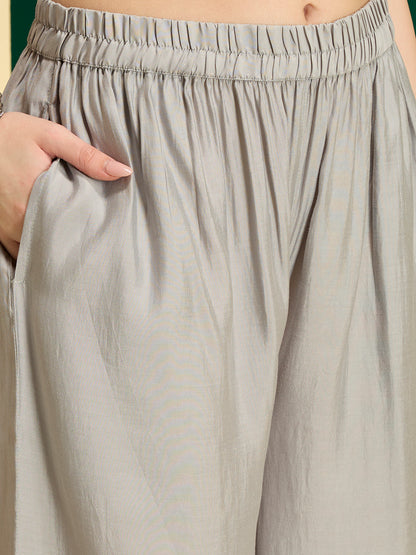 Floral Embroidered A-Line Pleated Kurta with Palazzo & Dupatta - Grey