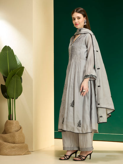 Floral Embroidered A-Line Pleated Kurta with Palazzo & Dupatta - Grey