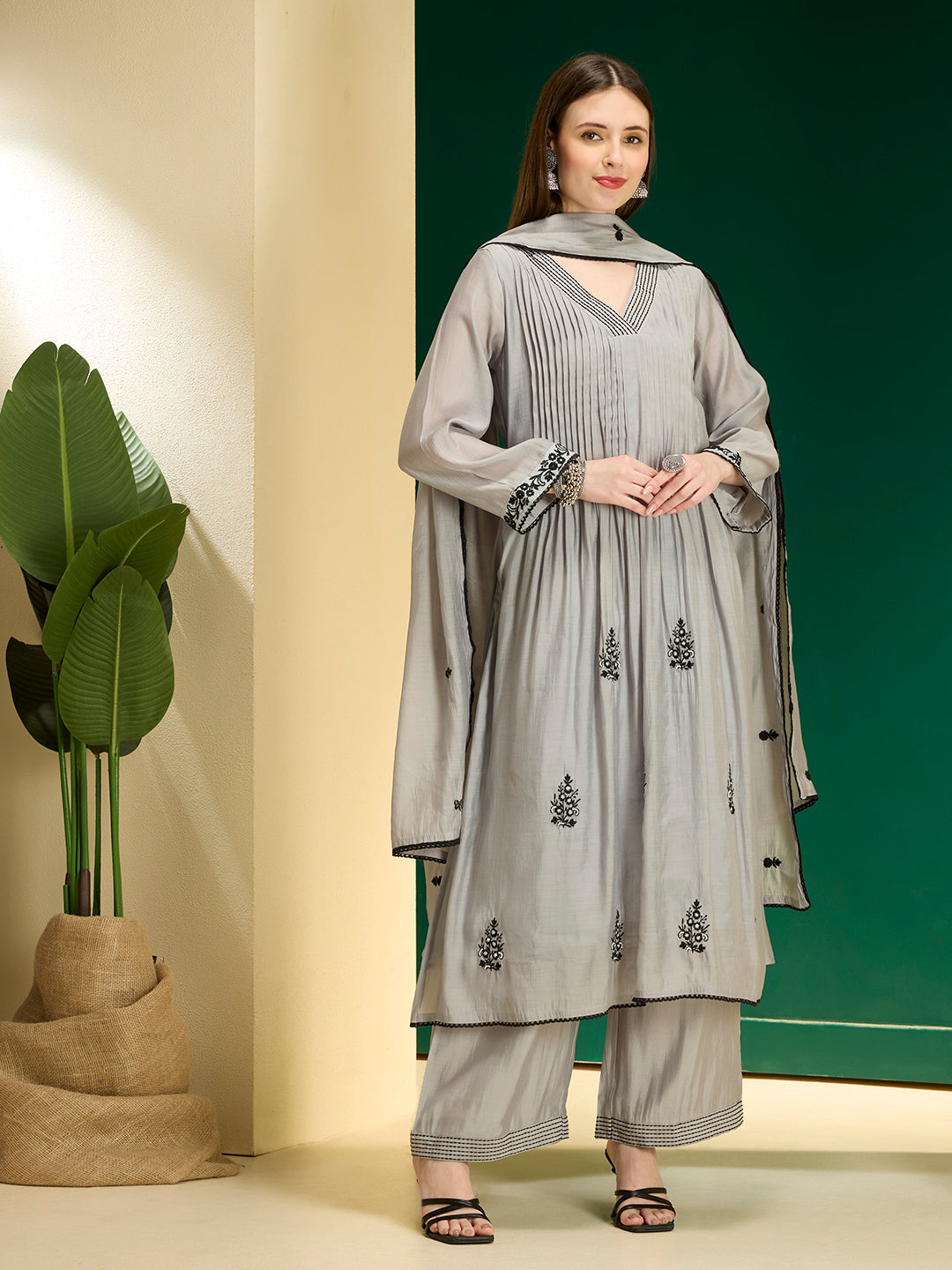 Floral Embroidered A-Line Pleated Kurta with Palazzo & Dupatta - Grey