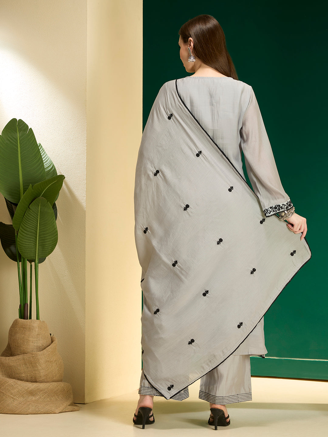 Floral Embroidered A-Line Pleated Kurta with Palazzo & Dupatta - Grey