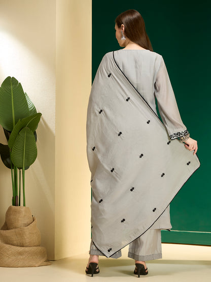 Floral Embroidered A-Line Pleated Kurta with Palazzo & Dupatta - Grey