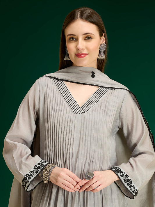 Floral Embroidered A-Line Pleated Kurta with Palazzo & Dupatta - Grey