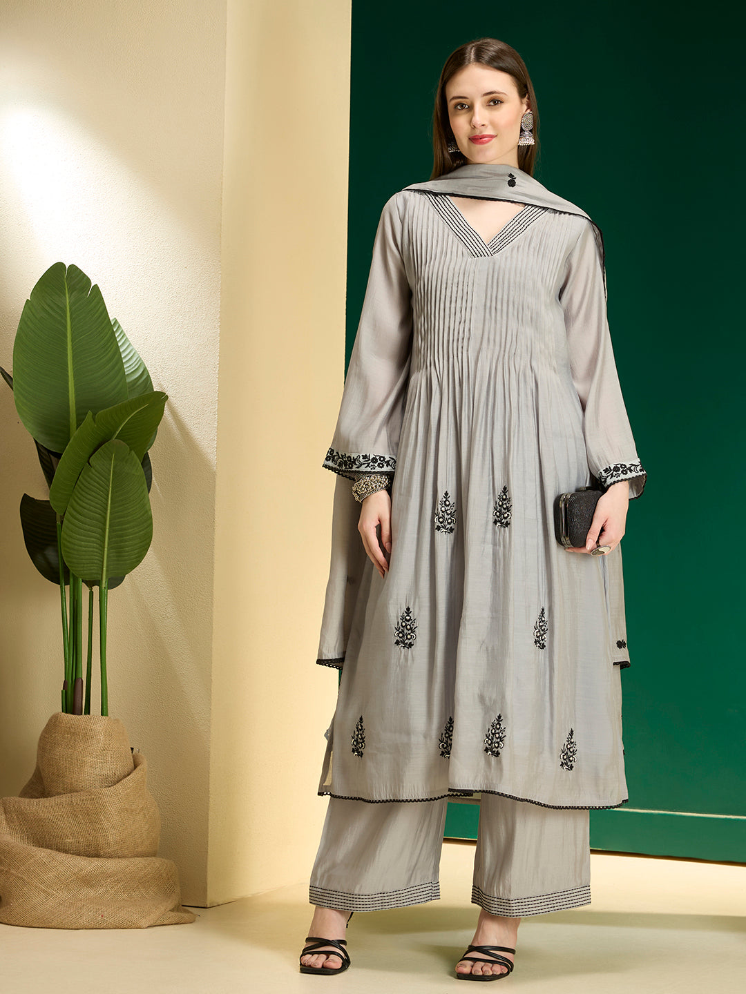 Floral Embroidered A-Line Pleated Kurta with Palazzo & Dupatta - Grey