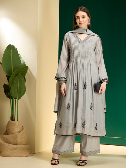 Floral Embroidered A-Line Pleated Kurta with Palazzo & Dupatta - Grey