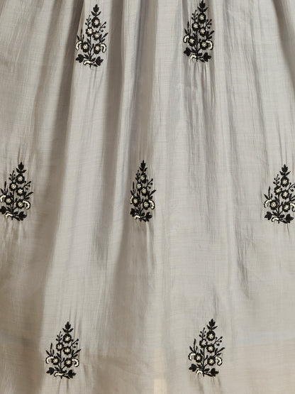 Floral Embroidered A-Line Pleated Kurta with Palazzo & Dupatta - Grey