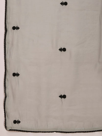 Floral Embroidered A-Line Pleated Kurta with Palazzo & Dupatta - Grey