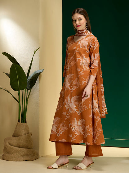 Ethnic Floral Printed A-Line Kurta with Palazzos and Dupatta - Orange