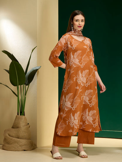Ethnic Floral Printed A-Line Kurta with Palazzos and Dupatta - Orange