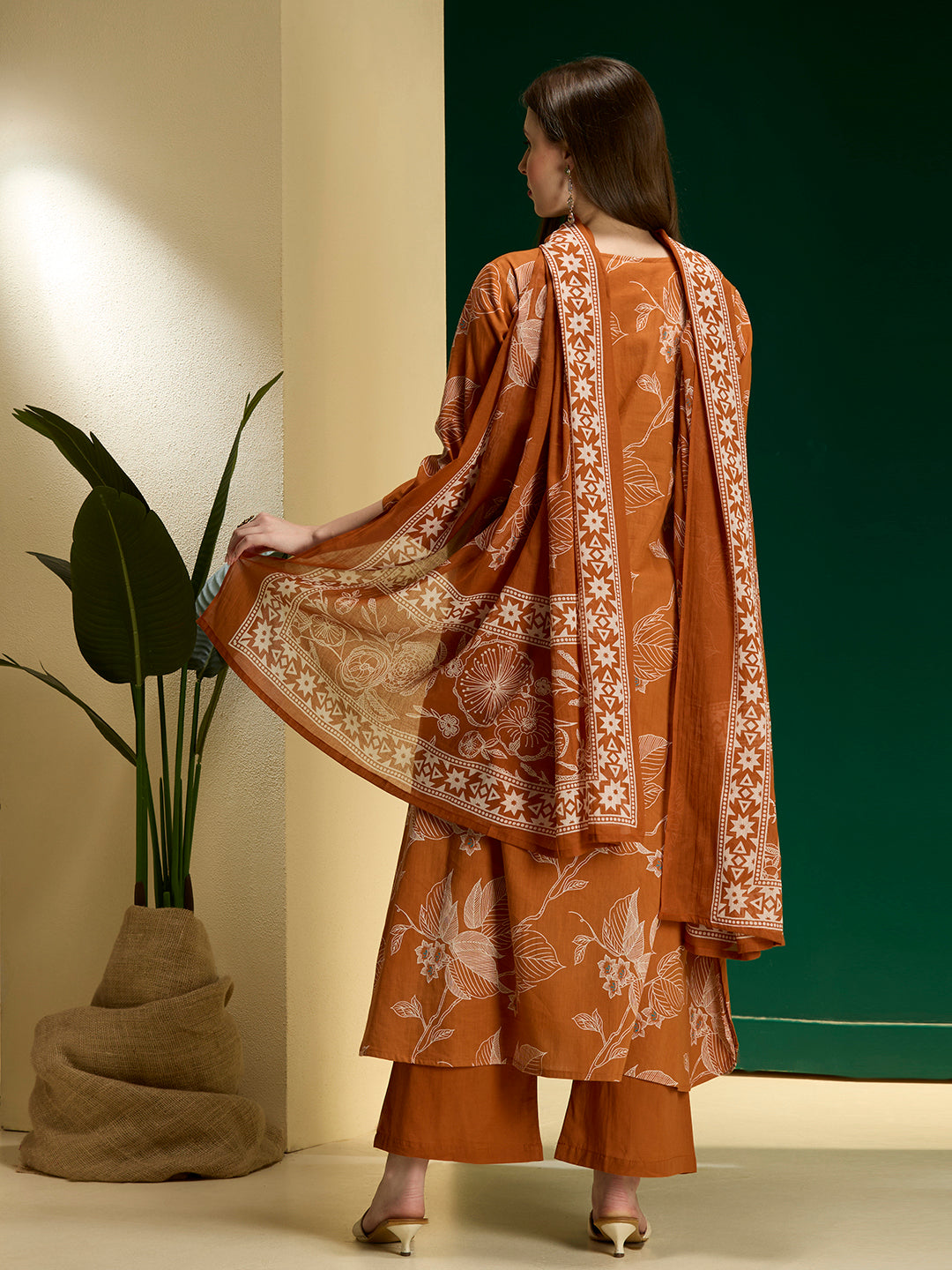 Ethnic Floral Printed A-Line Kurta with Palazzos and Dupatta - Orange