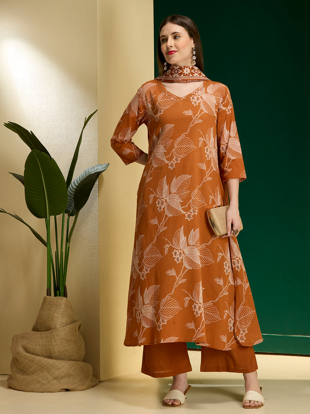 Ethnic Floral Printed A-Line Kurta with Palazzos and Dupatta - Orange